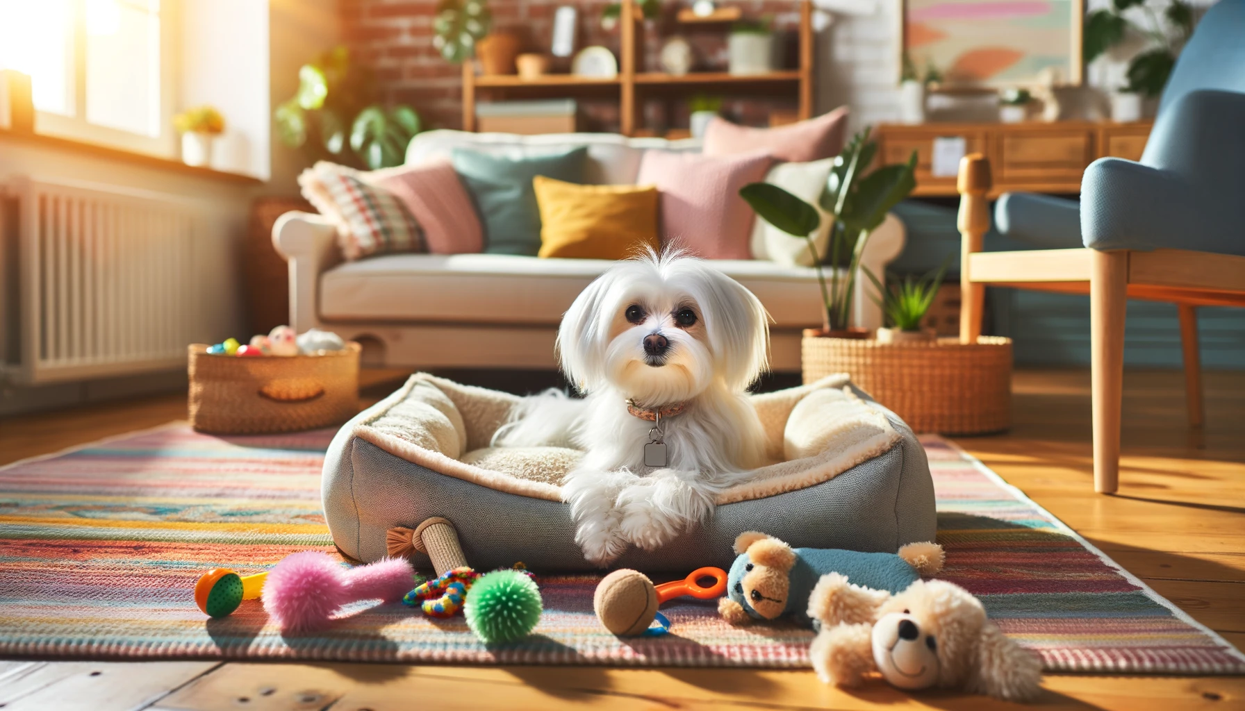 a maltese sitting in a dog bed surrounded by dog toys