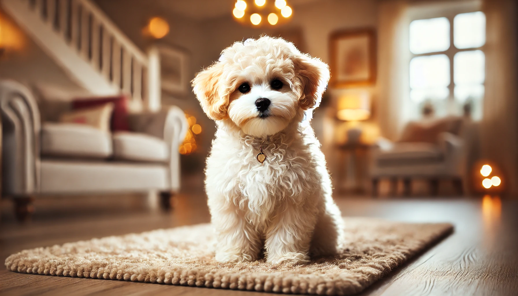 image of a Mini Maltipoo sitting proudly on a soft rug in a cozy, warmly lit living room