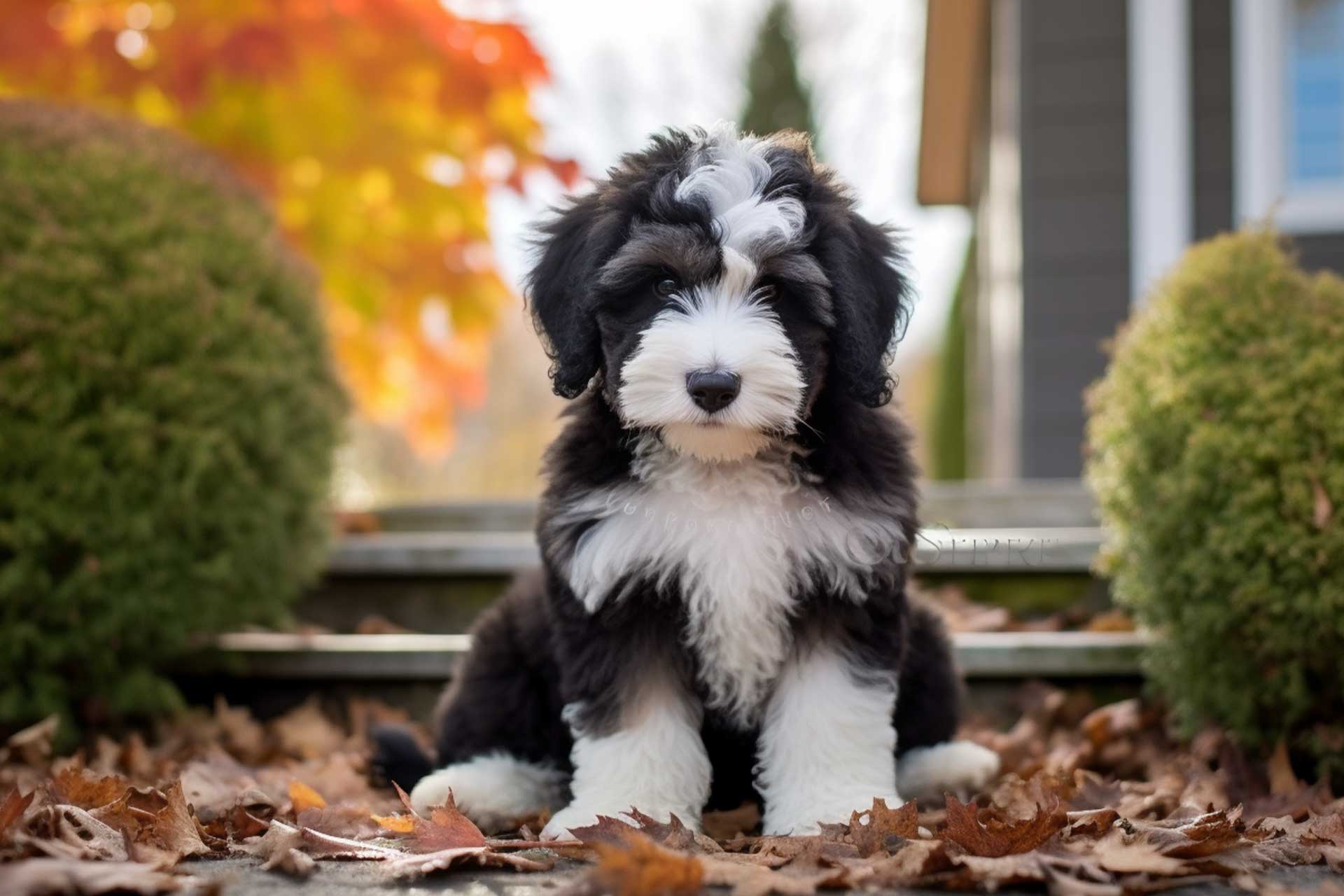 small Mini Sheepadoodle puppy in front of a house