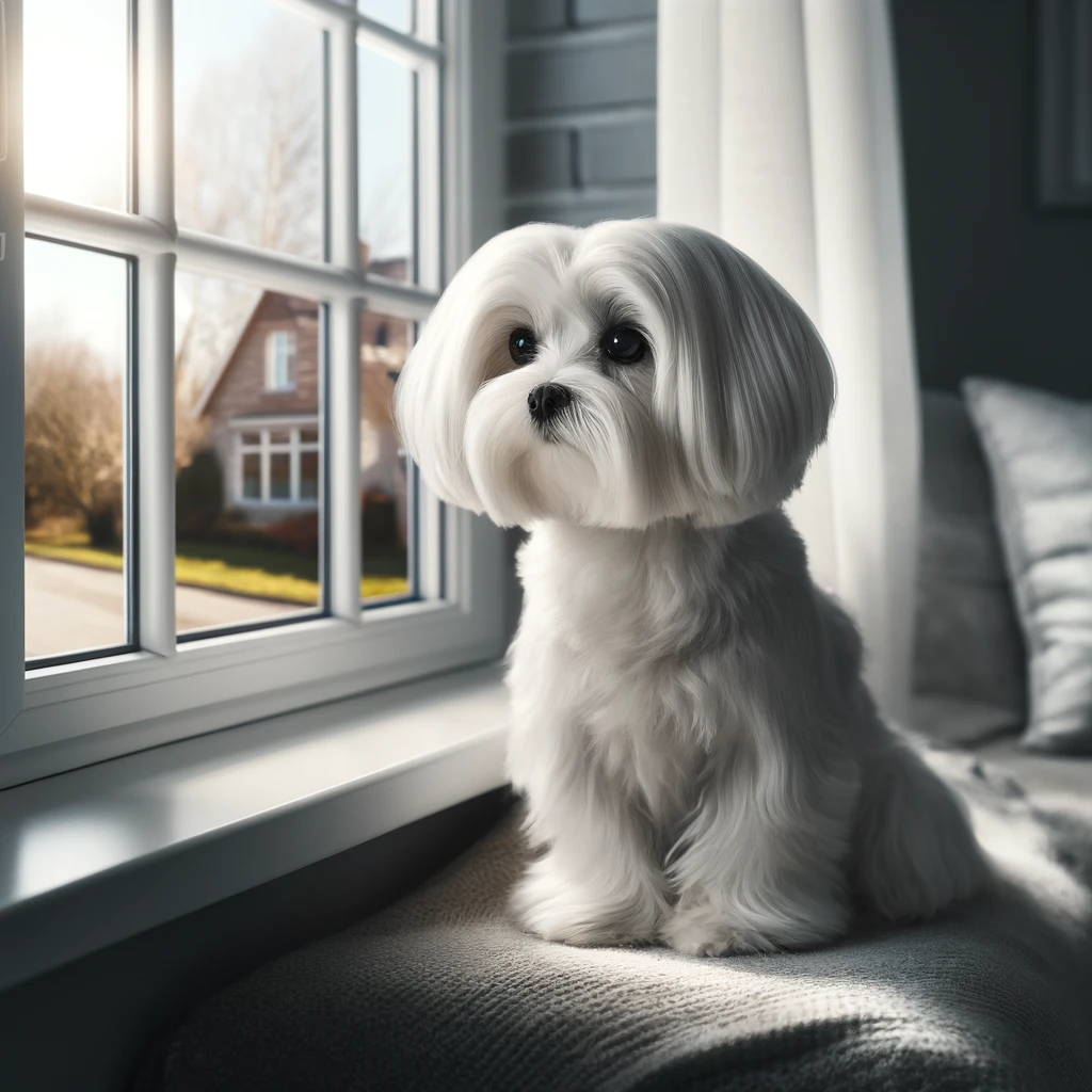 a maltese dog sitting by the window