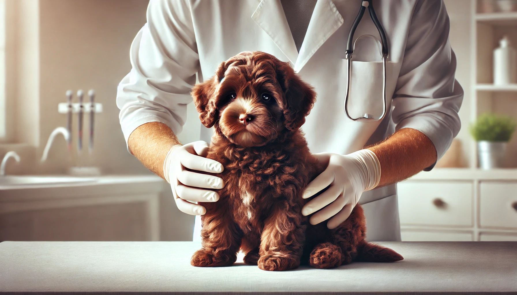 image of a chocolate Maltipoo puppy being inspected by a vet. The puppy has a fluffy, chocolate-brown coat and is sitting calmly