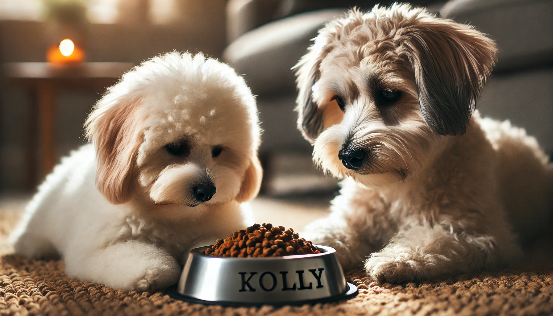 image of a Maltipoo dog and another dog eating from the same bowl. The Maltipoo has a fluffy