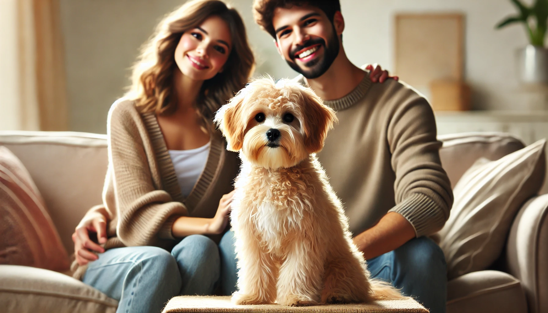 image featuring a Maltipoo sitting up straight next to a mother and a father in a cozy family setting