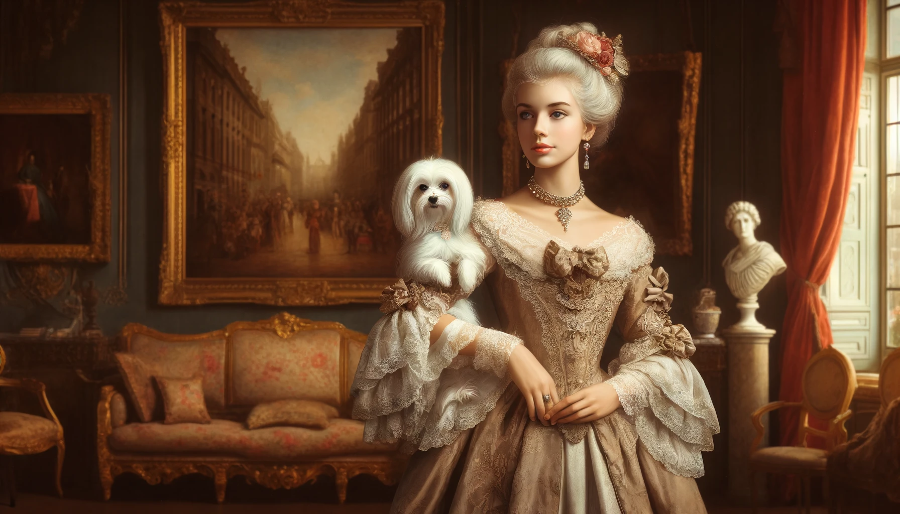 a maltese dog on the sleeve an aristocratic woman
