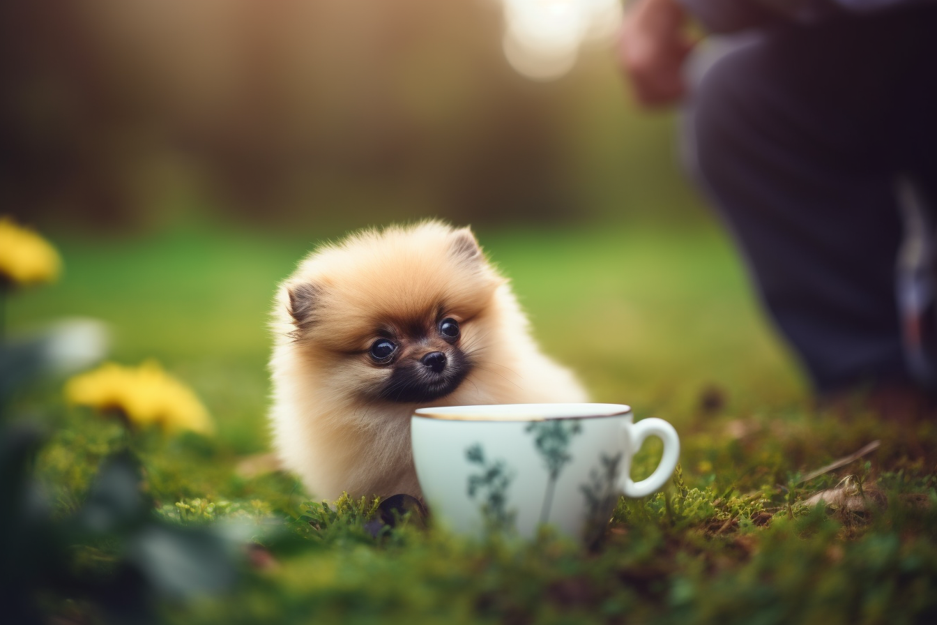 Teacup Pomeranian puppy on green grass