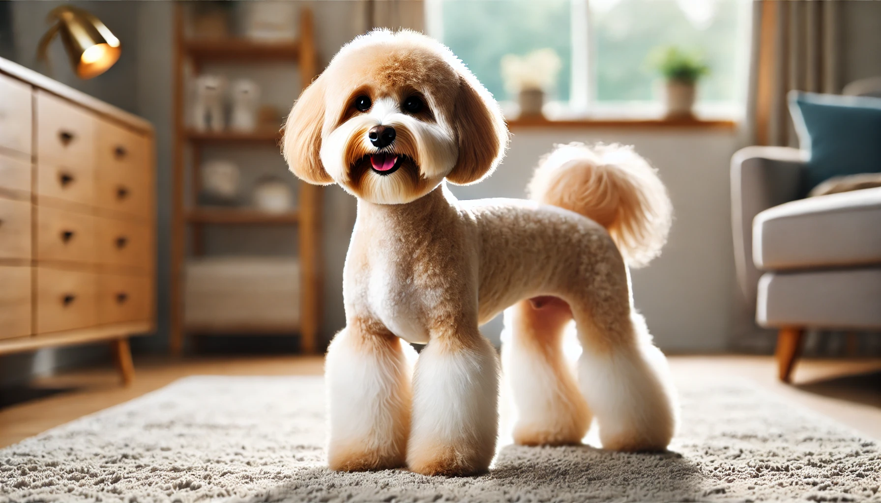 image of a Maltipoo with a Lamb Cut. The dog's body fur is neatly trimmed short, around ¼ to ½ inch