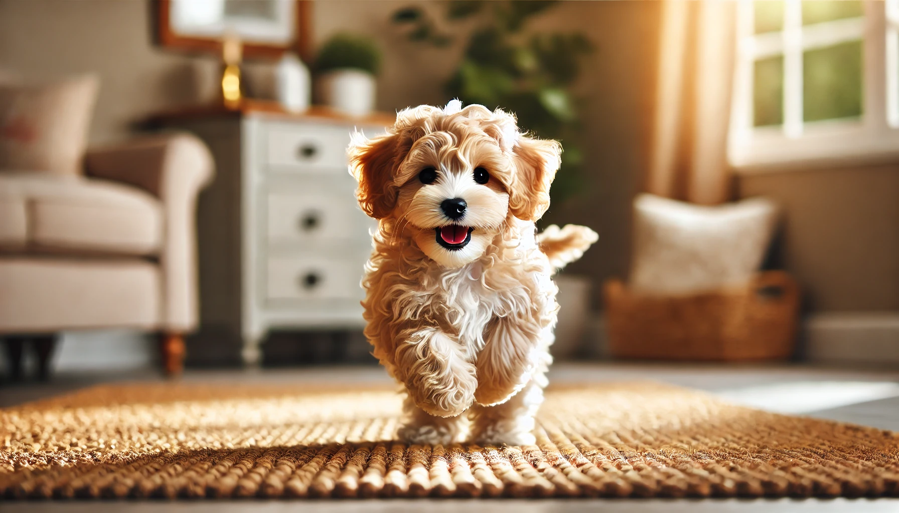 image of a wavy-haired Maltipoo puppy playing happily around a cozy home. The puppy has light-colored, wavy fur and looks energetic