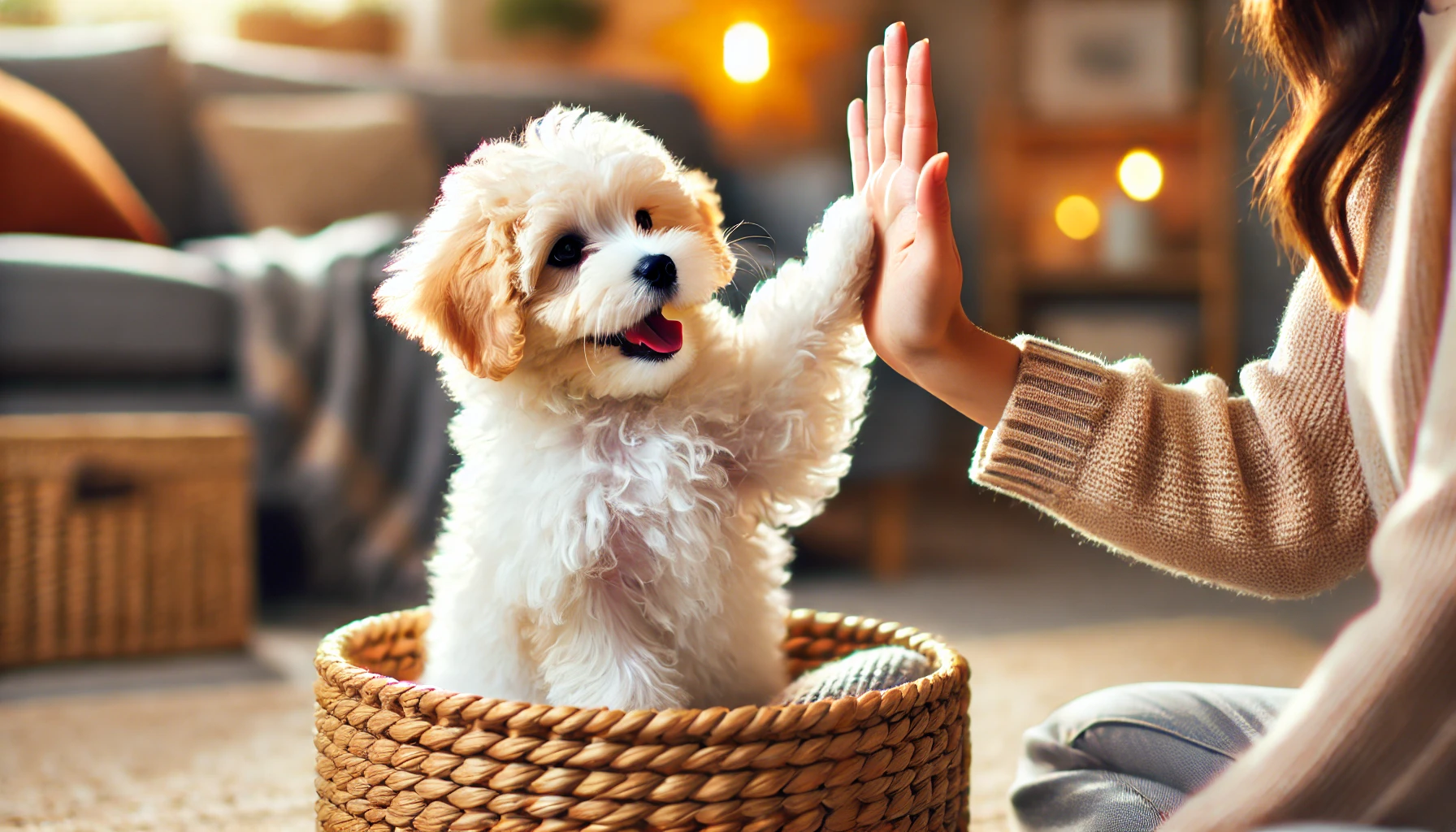 image of a Maltipoo puppy giving a high-five to a person. The puppy has a fluffy, soft coat and looks joyful and playful