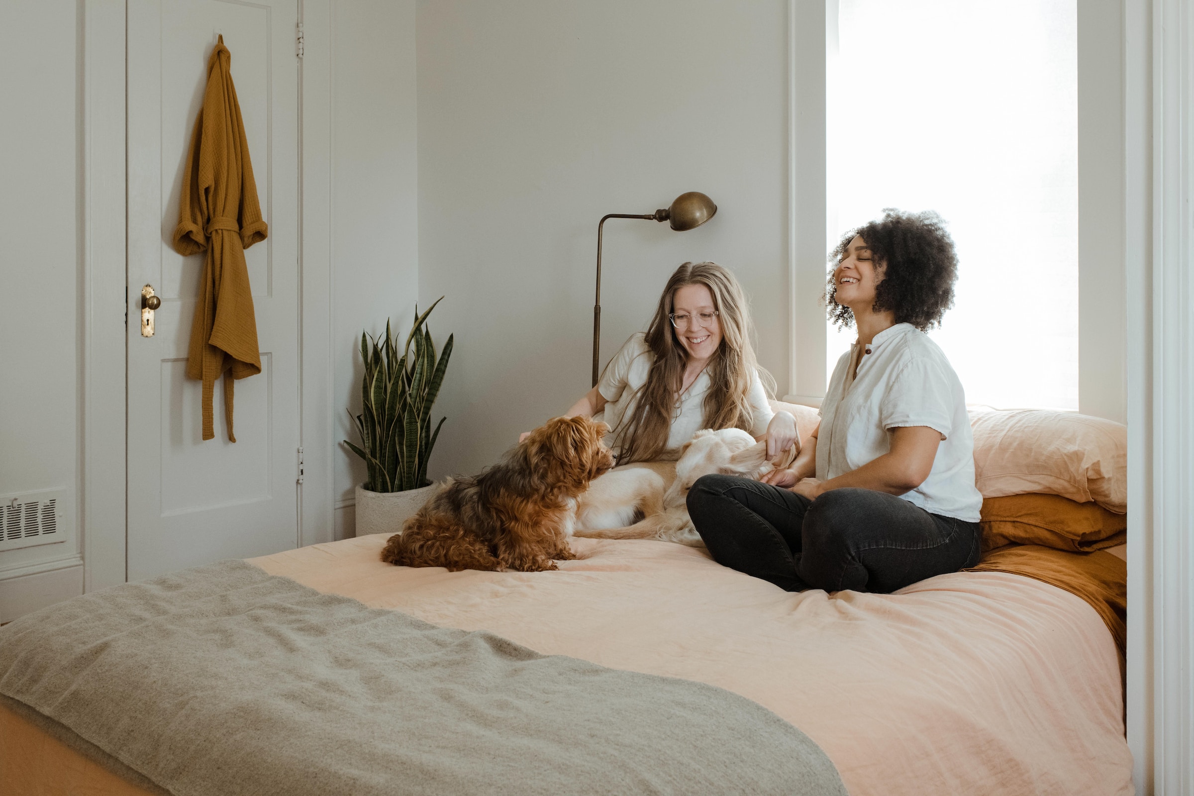 two women on bed petting a dog