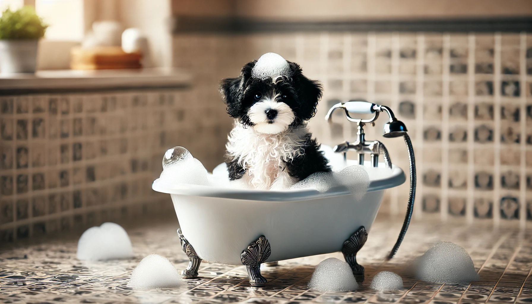 A high-quality image featuring a small black and white Maltipoo puppy sitting in a real bathtub surrounded by bubbles