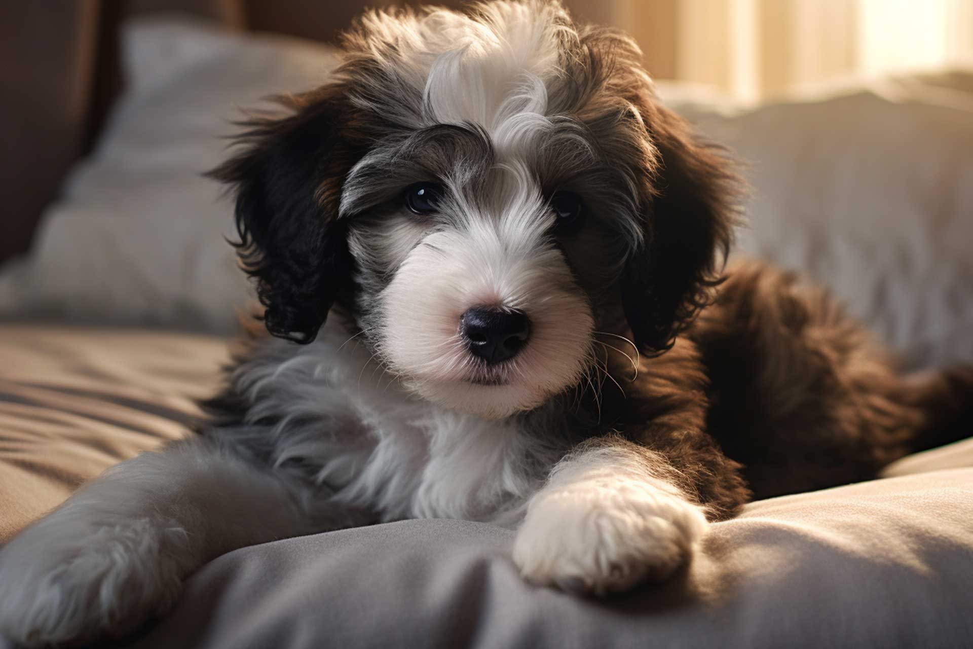 cute Mini Sheepadoodle on white bed sheets