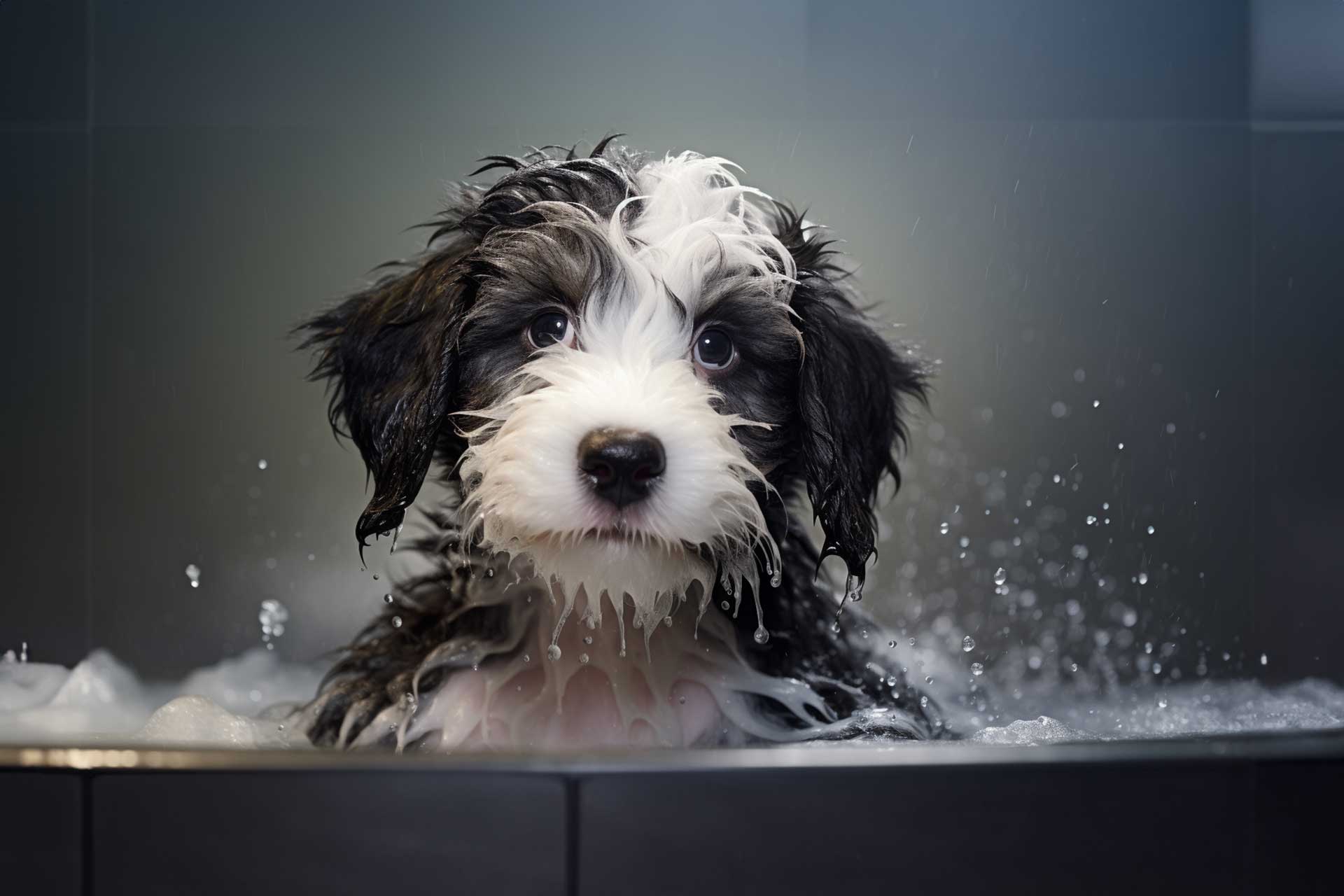 Mini Sheepadoodle puppy taking a bath at the groomers