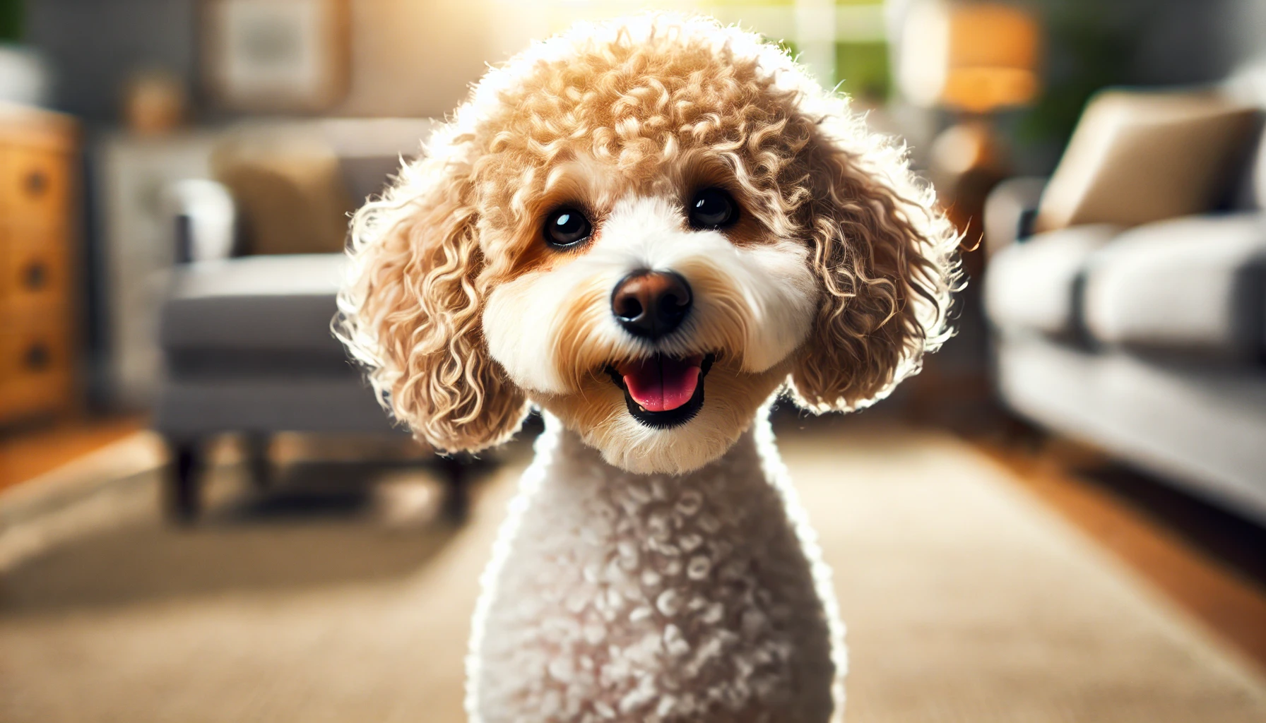  image of a small and curly Maltipoo that has just been groomed. The dog looks like it is smiling, appearing clean, brushed, and happy