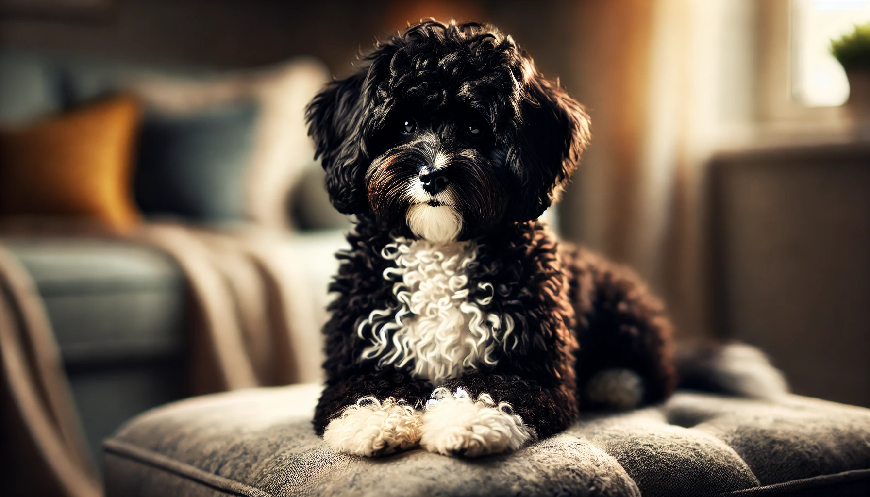 A high-quality image featuring an adult Maltipoo with a predominantly black coat and white patches. The dog's coat is mostly black