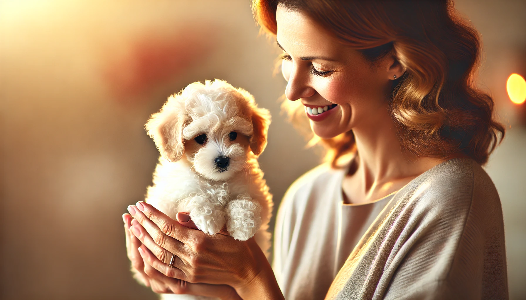  image of a woman holding a very small Maltipoo puppy in her hands