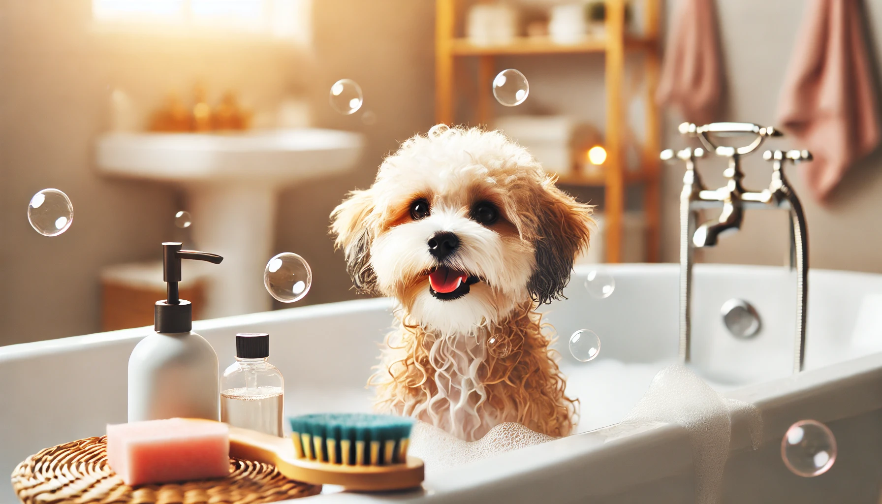 image of a small Maltipoo in a bathtub getting a bath. The dog looks happy and content, with bubbles and water around it
