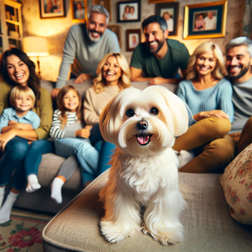a maltese dog surrounded by a numerous family