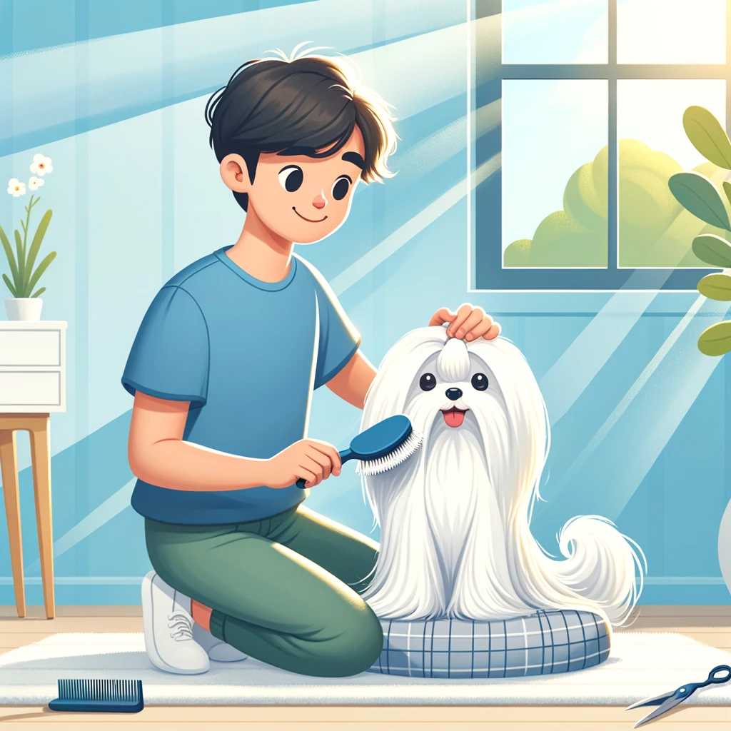 a person brushing a maltese dog