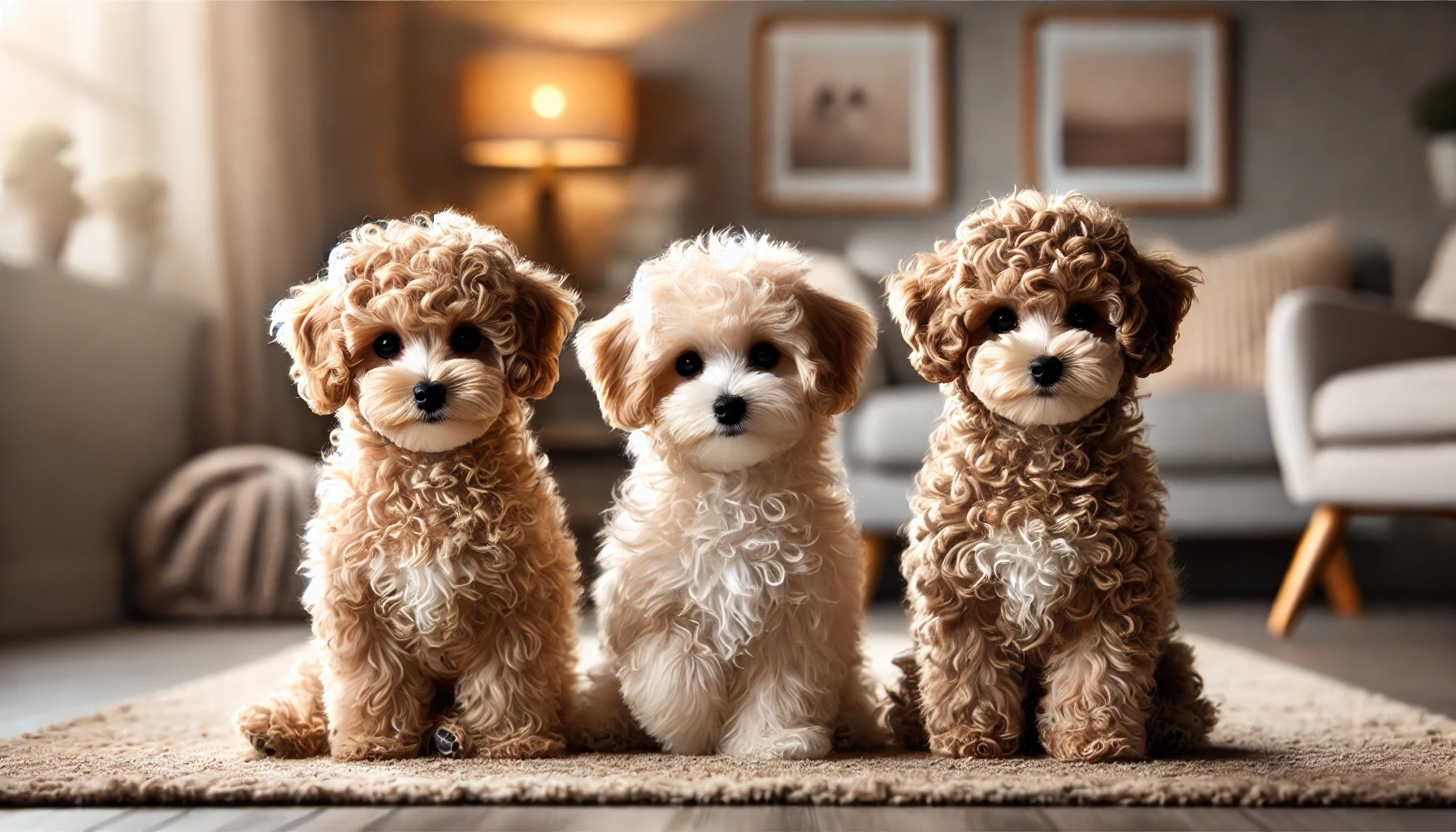 image featuring three Toy Maltipoos sitting together in a cozy, well-lit room