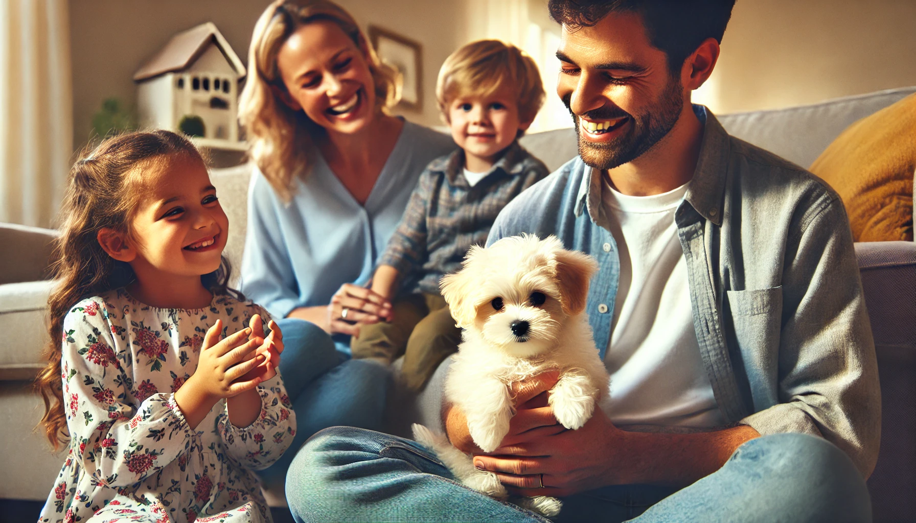 image of a very small Maltipoo puppy sitting curled up in the lap of a small child, surrounded by a happy family