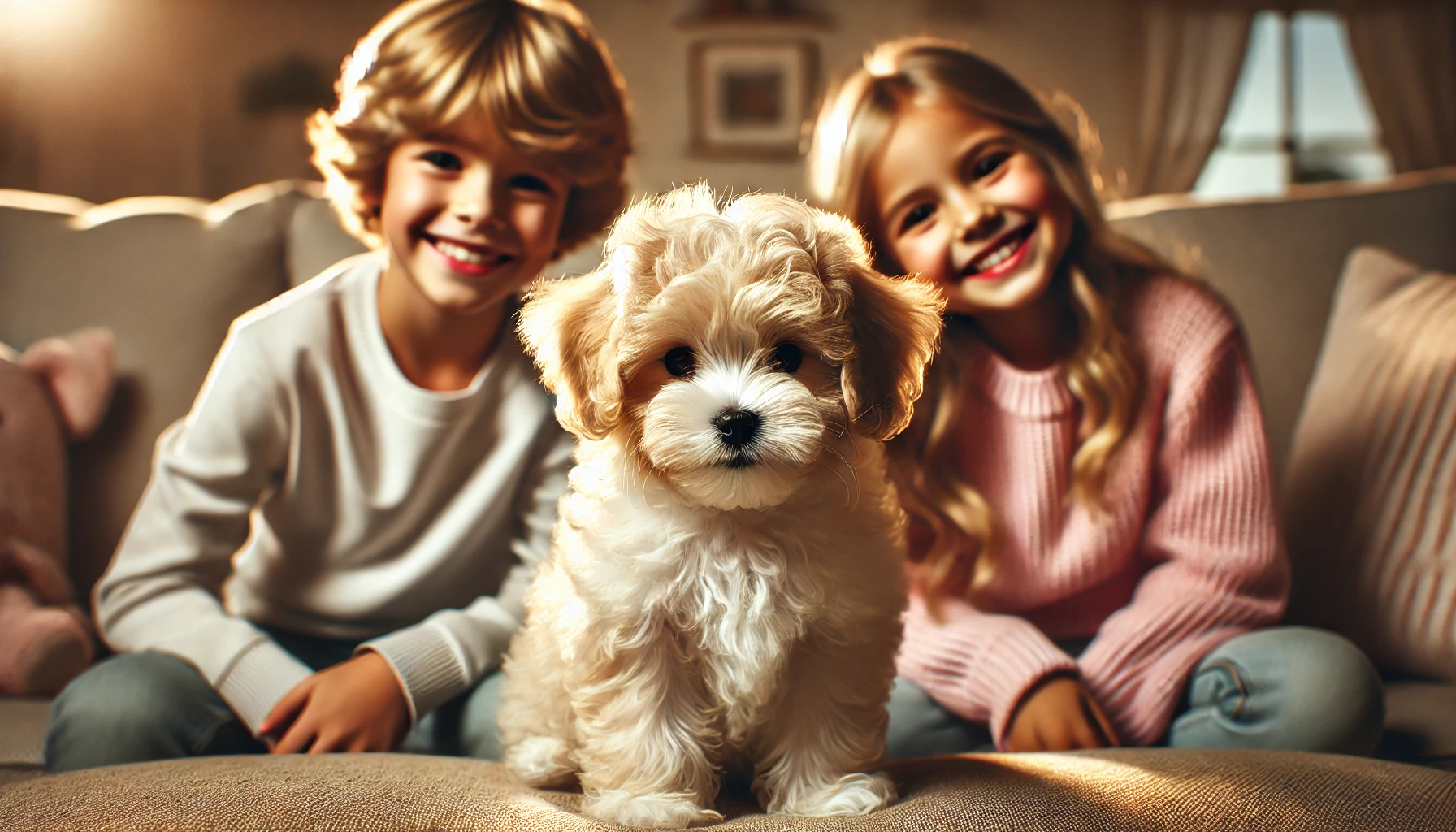 image of an F2 Maltipoo puppy with wavy hair, sitting happily on a cozy couch between a smiling boy and girl