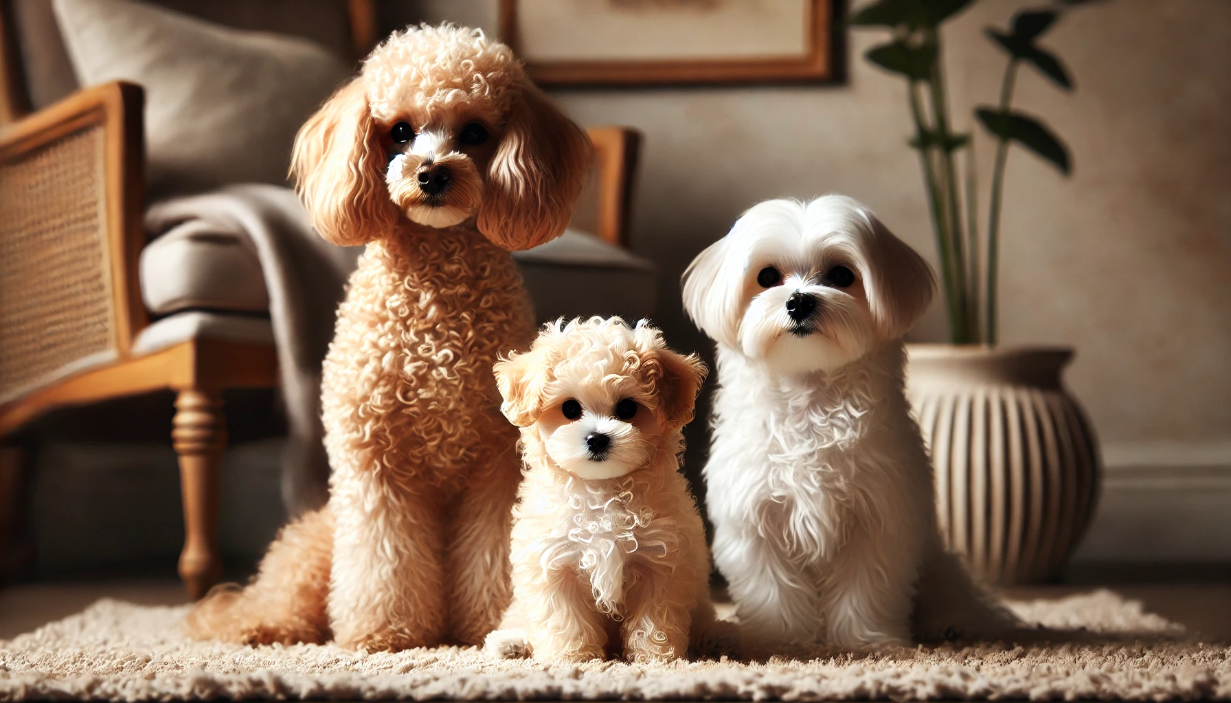 image featuring a Miniature Poodle, a Mini Maltipoo, and a Maltese sitting together