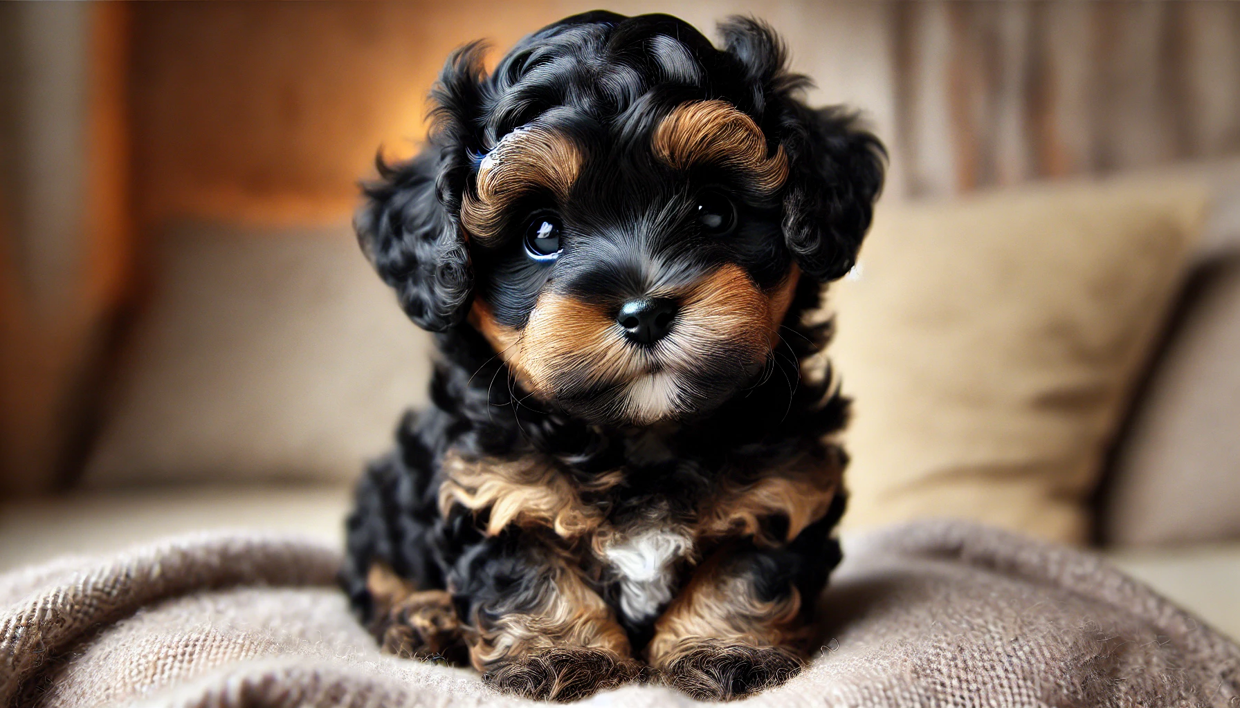 image of a very small, few-weeks-old black and brown Maltipoo puppy with curly hair. The puppy has a soft, fluffy coat with tight curls