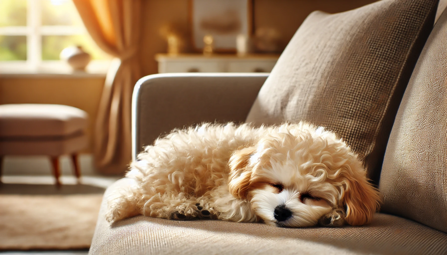 image of a Mini Maltipoo sleeping cozily on a soft couch. The Mini Maltipoo has a fluffy cream-colored coat