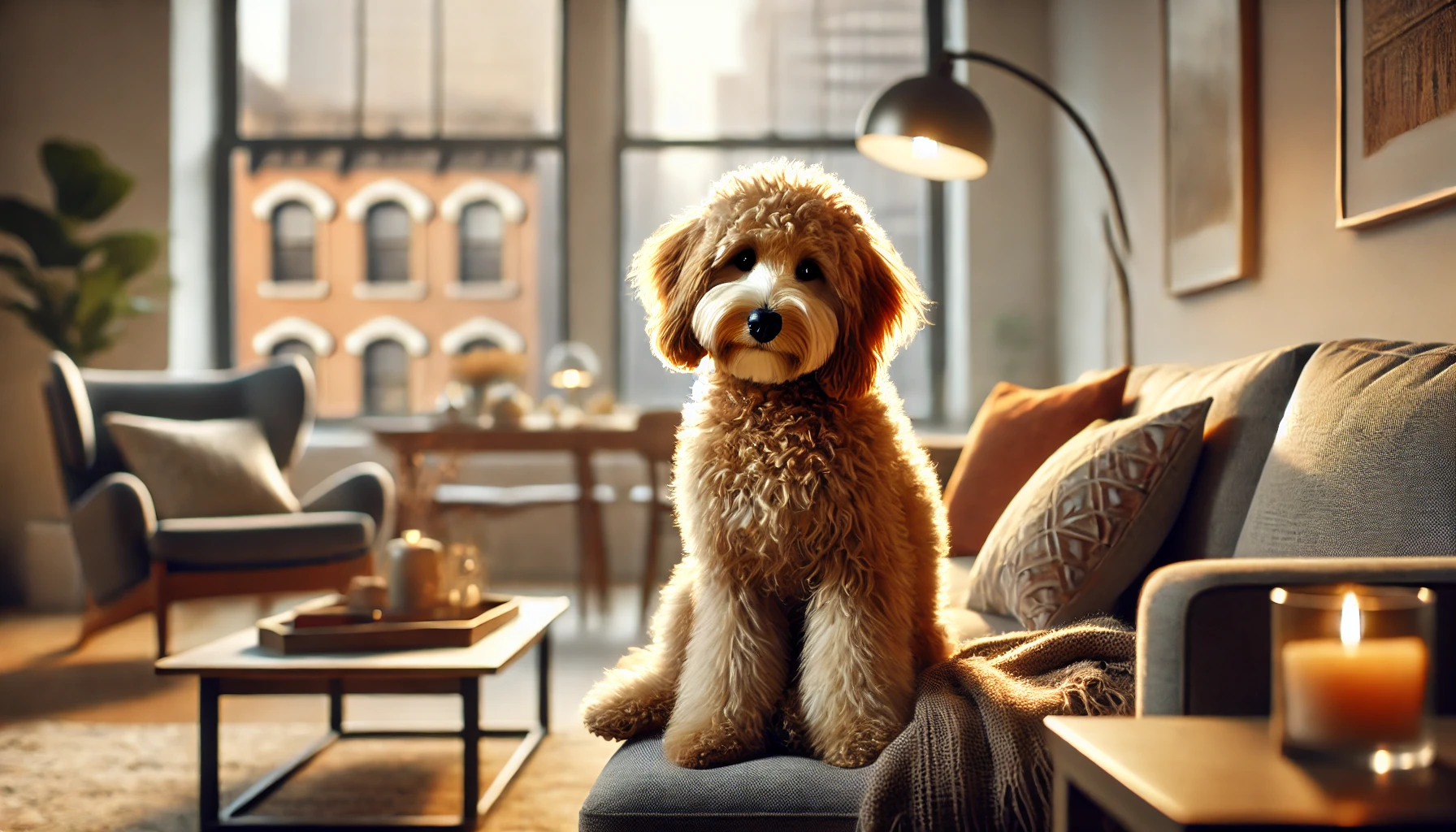 A high-quality image of a Mini Goldendoodle sitting on a couch in a cozy apartment