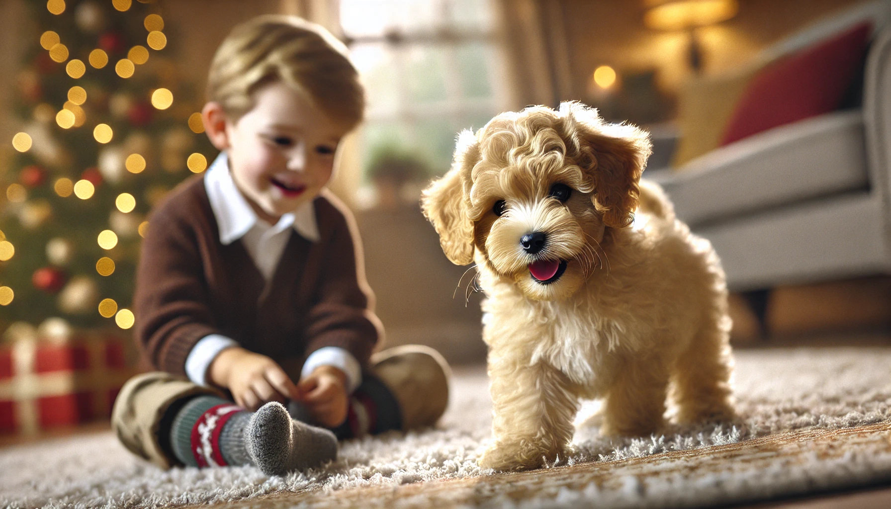 image featuring an F2 Maltipoo puppy playing with a young boy in a cozy home. The Maltipoo has a wavy, fluffy coat