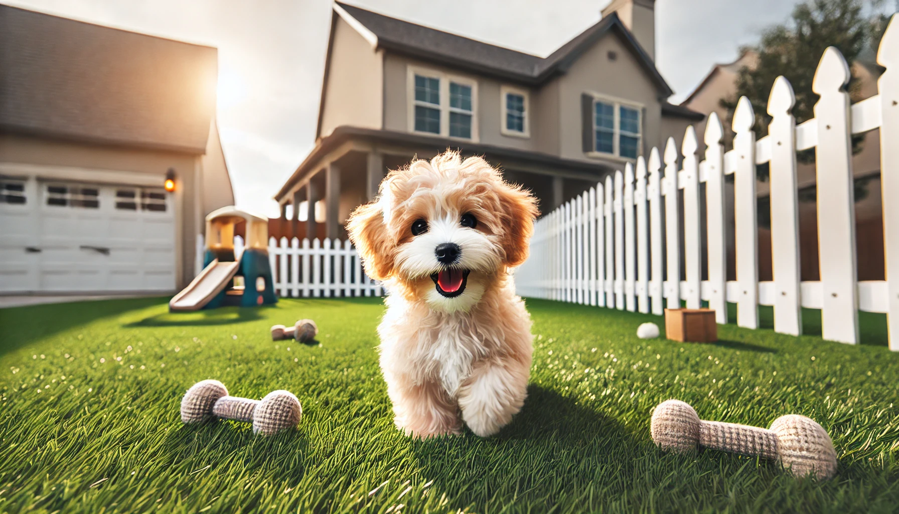 image of a Maltipoo dog playing in a large fenced yard with a white picket fence. The yard has a well-maintained lawn