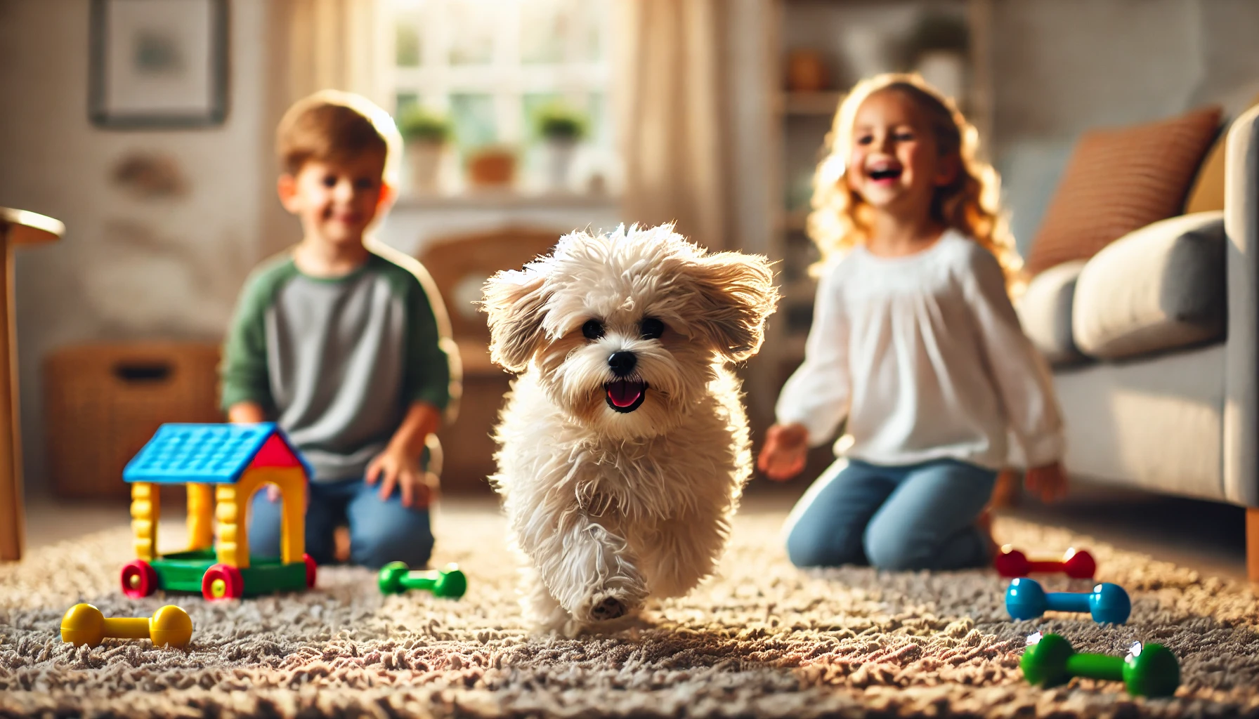 image of a small Toy Maltipoo running and playing inside a cozy home, fetching a toy while surrounded by two happy children