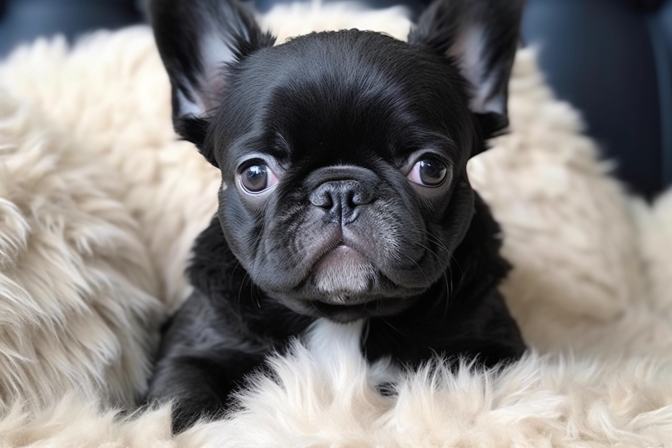 Black Fluffy French Bulldog puppy on a white backdrop