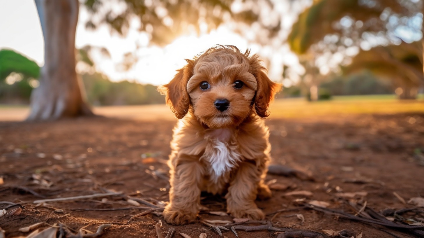 Cavapoo puppy with a gleaming coat showcasing its playful and affectionate nature
