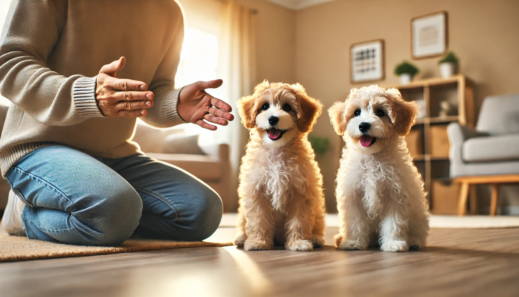 image of two adorable Maltipoo puppies, one male and one female, sitting attentively in front of a person training them