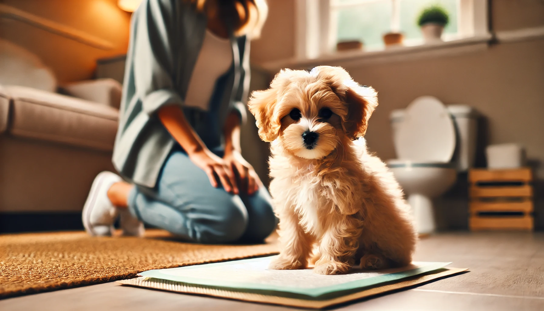 image of a small Maltipoo puppy sitting on a potty pad during a training session. The puppy looks attentive and calm