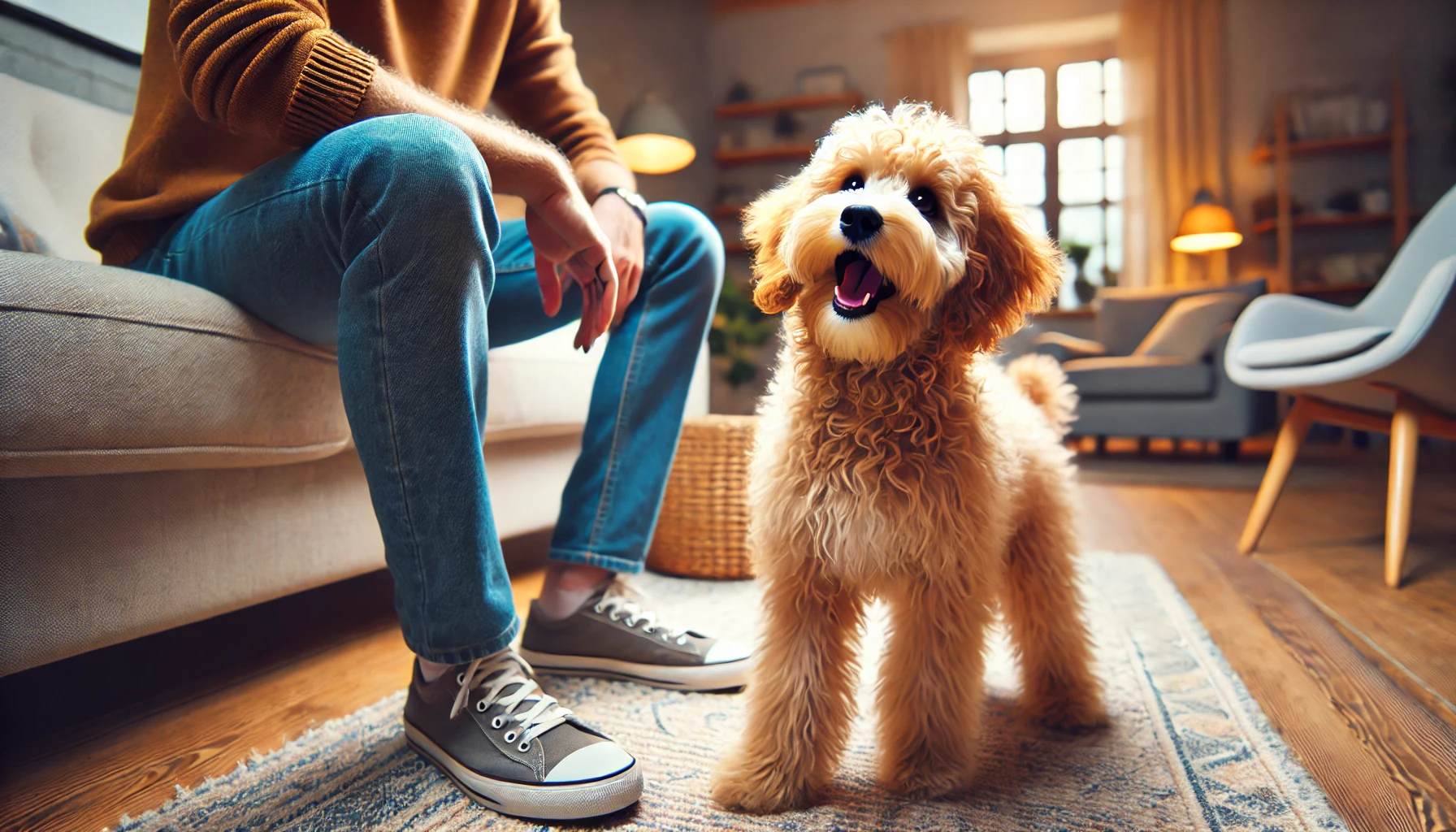 A high-quality image of a Mini Goldendoodle barking to get attention from its owner