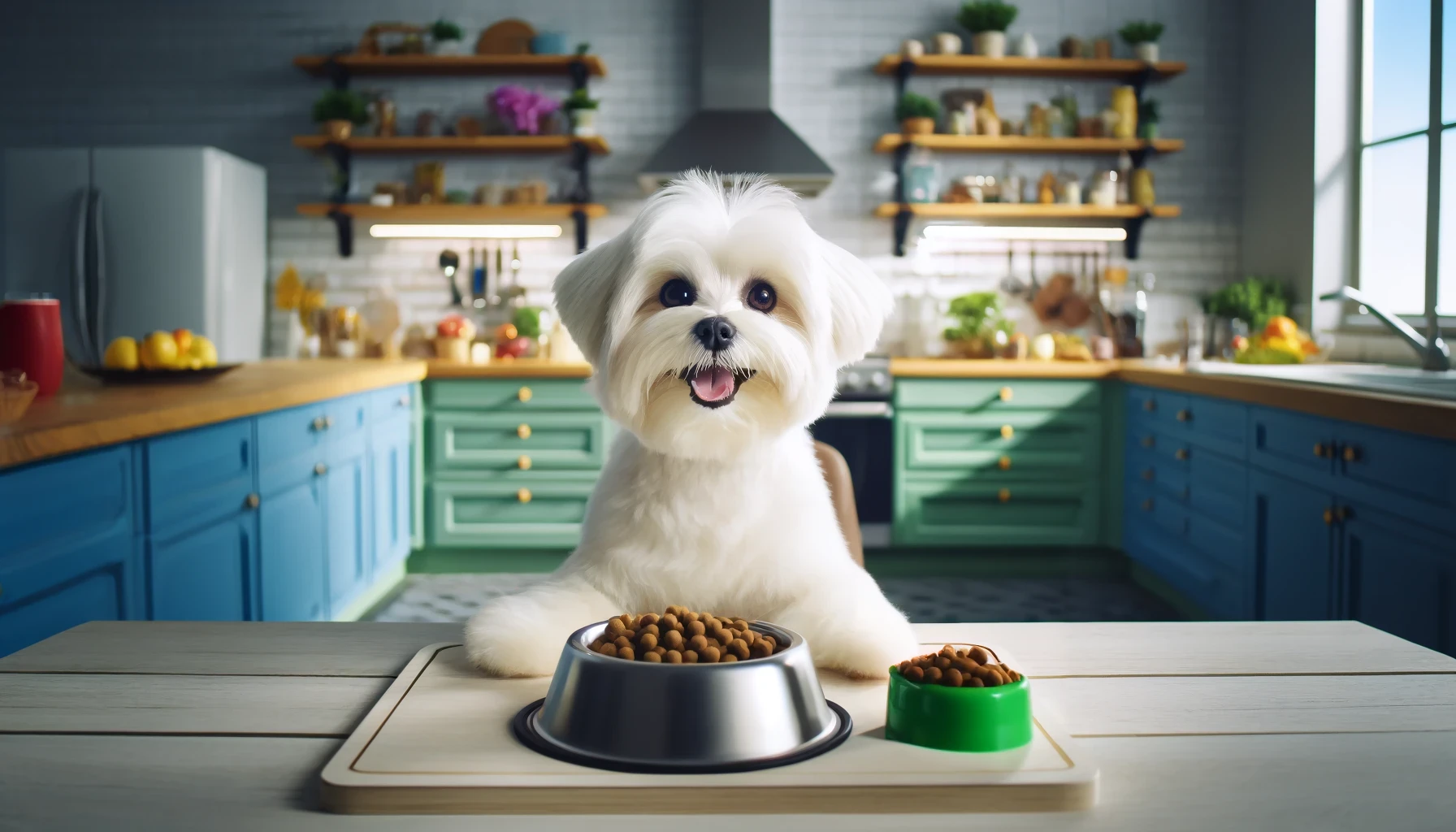 a tv commercial image featuring a maltese dog