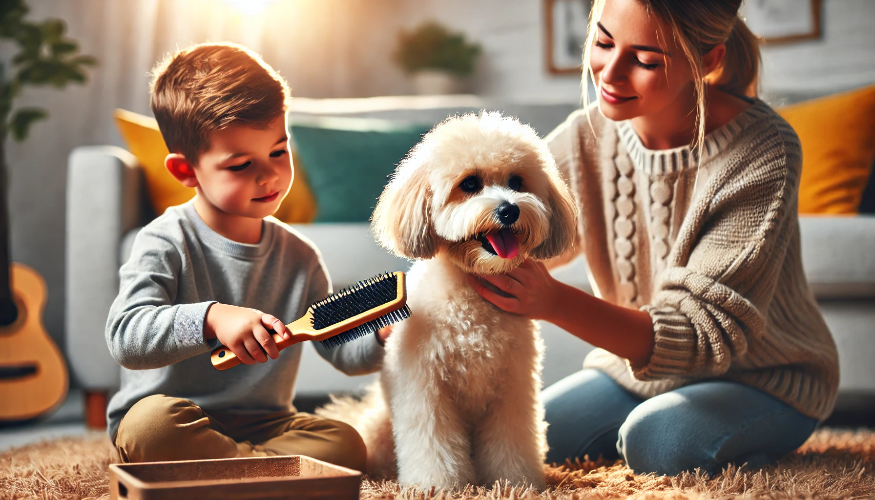 image of a Maltipoo being gently brushed by a little boy and his mom in a cozy home setting