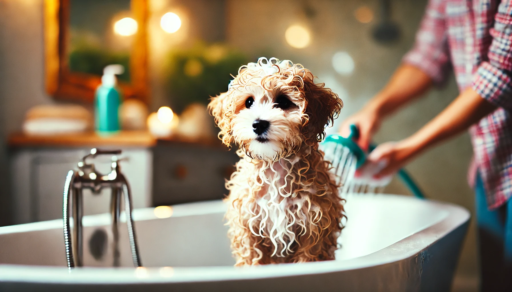 image of a smaller, wavy-haired Maltipoo puppy getting a bath. The puppy's coat is covered in shampoo, and it looks happy and content