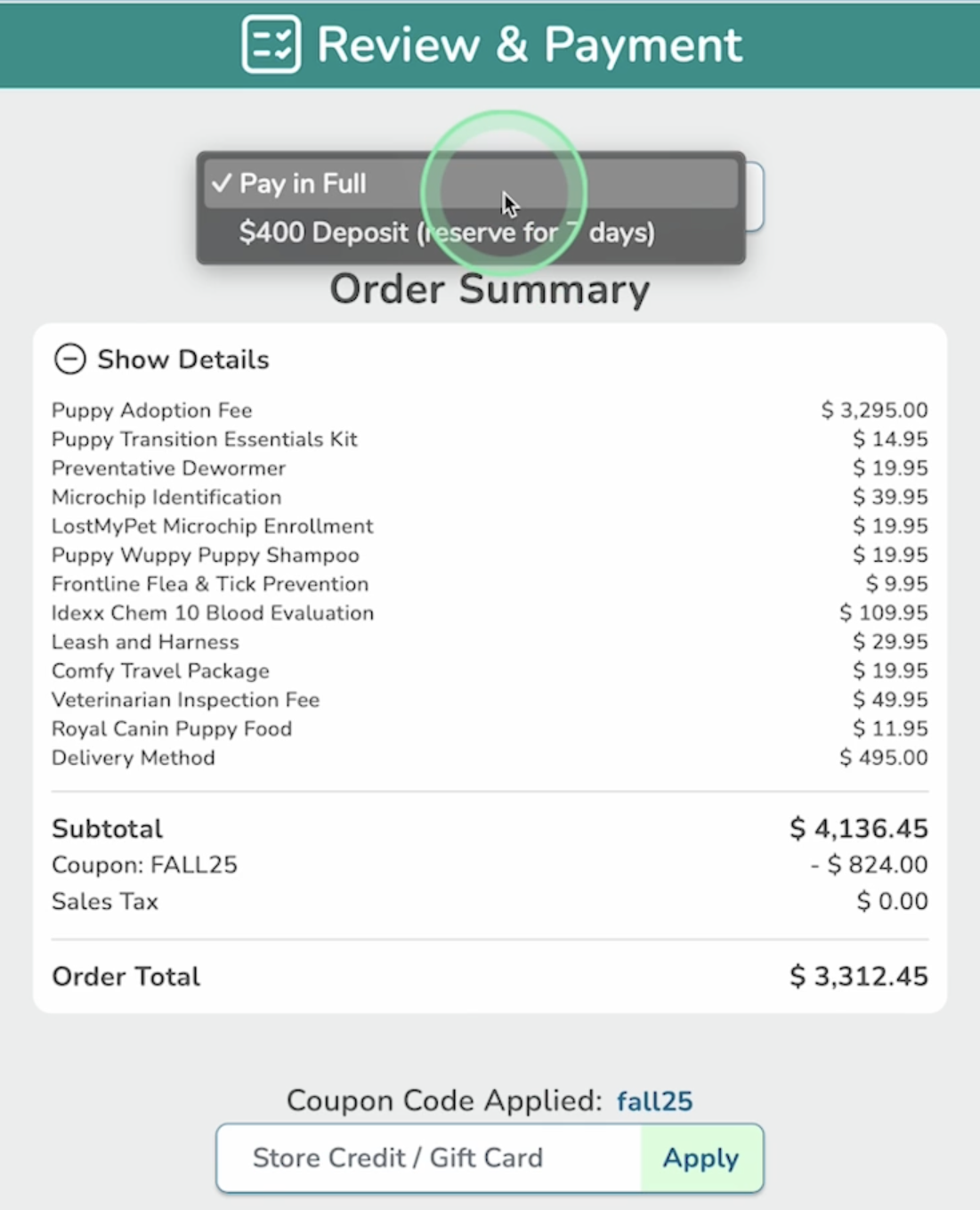 puppy adoption premier pups - image of payment summary