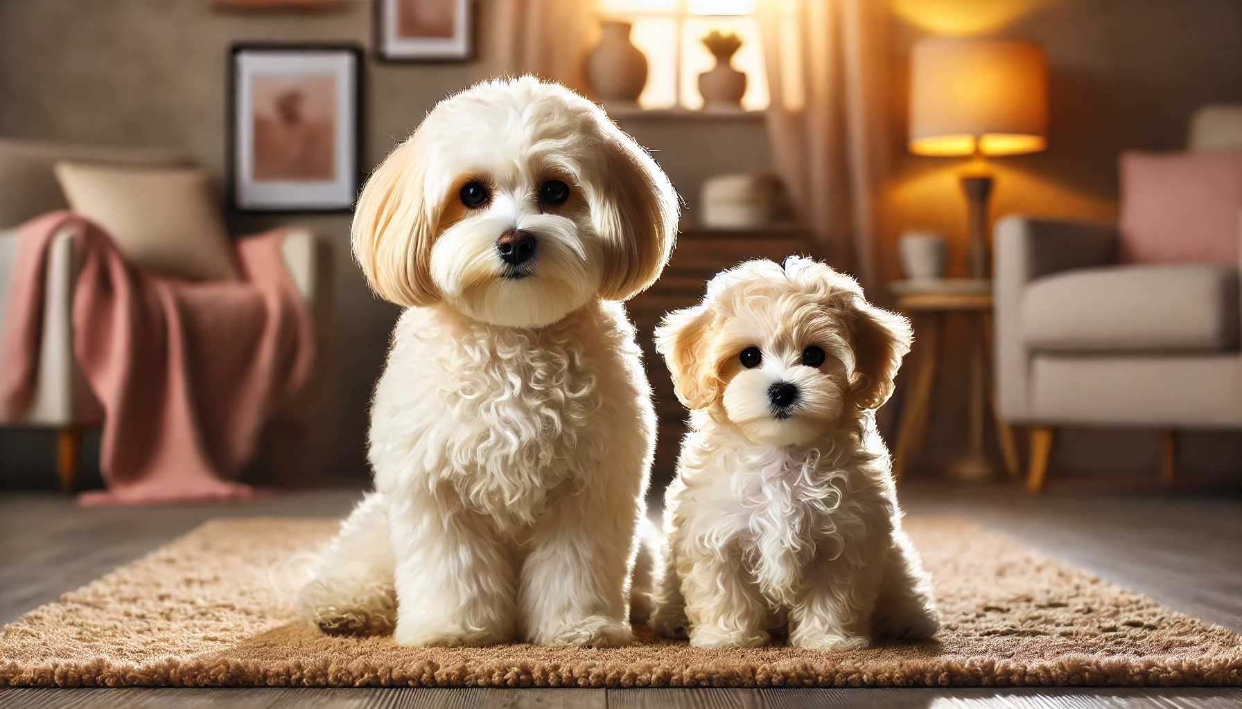  image showcasing a Mini Maltipoo and a Toy Maltipoo sitting side by side in a cozy, warmly lit room