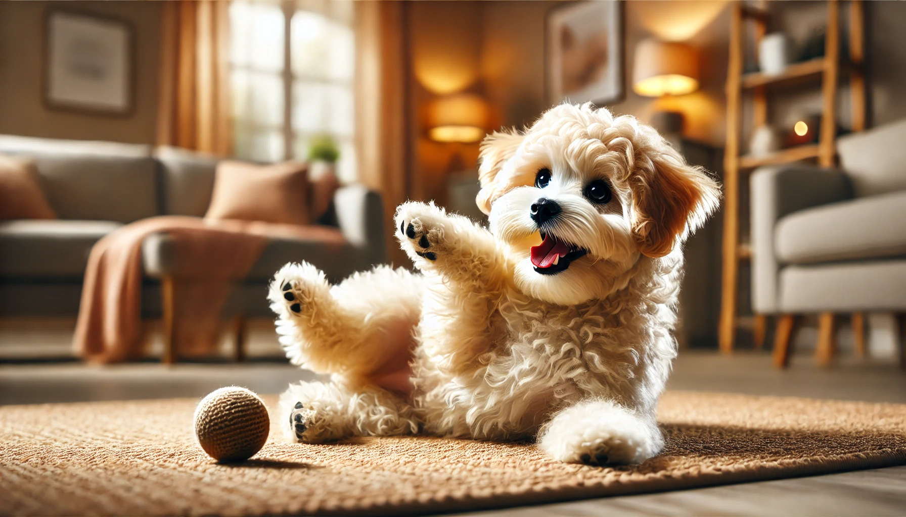 image of a playful Mini Maltipoo lying on its back with its paws lifted in the air, trying to catch a ball