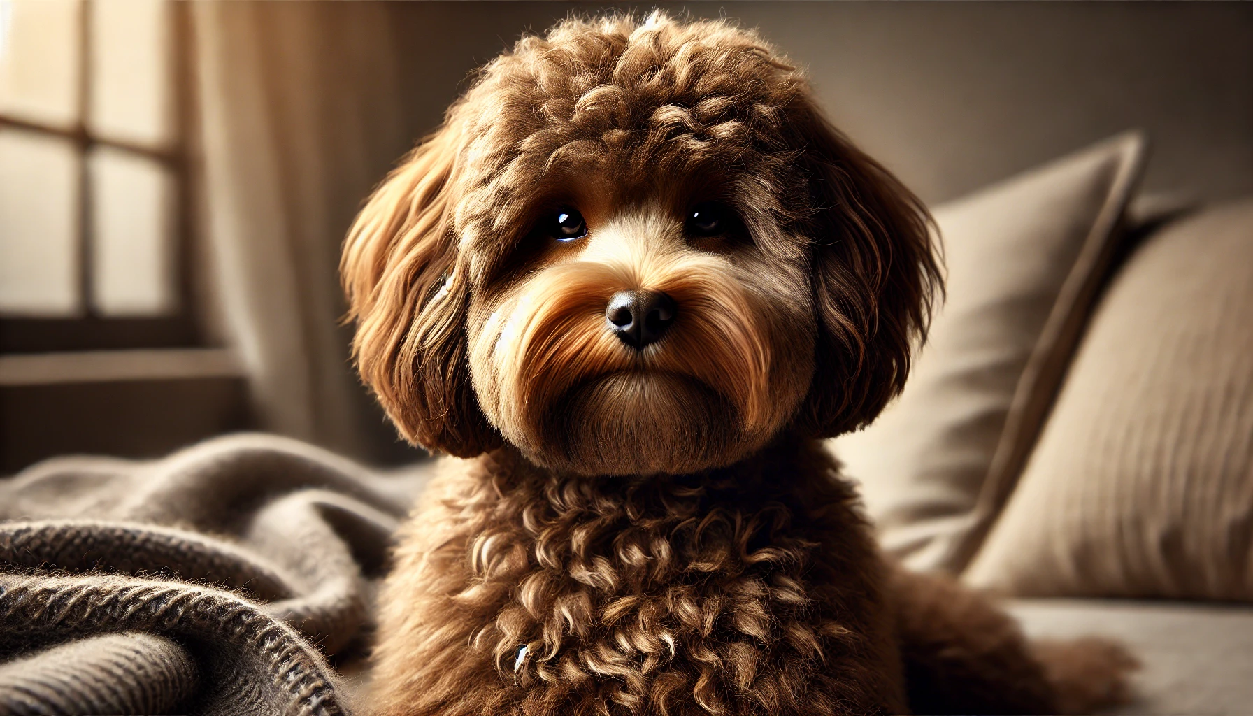 image of an adult Maltipoo dog with a darker brown, fluffy coat. The dog looks relaxed and content, sitting in a cozy setting.