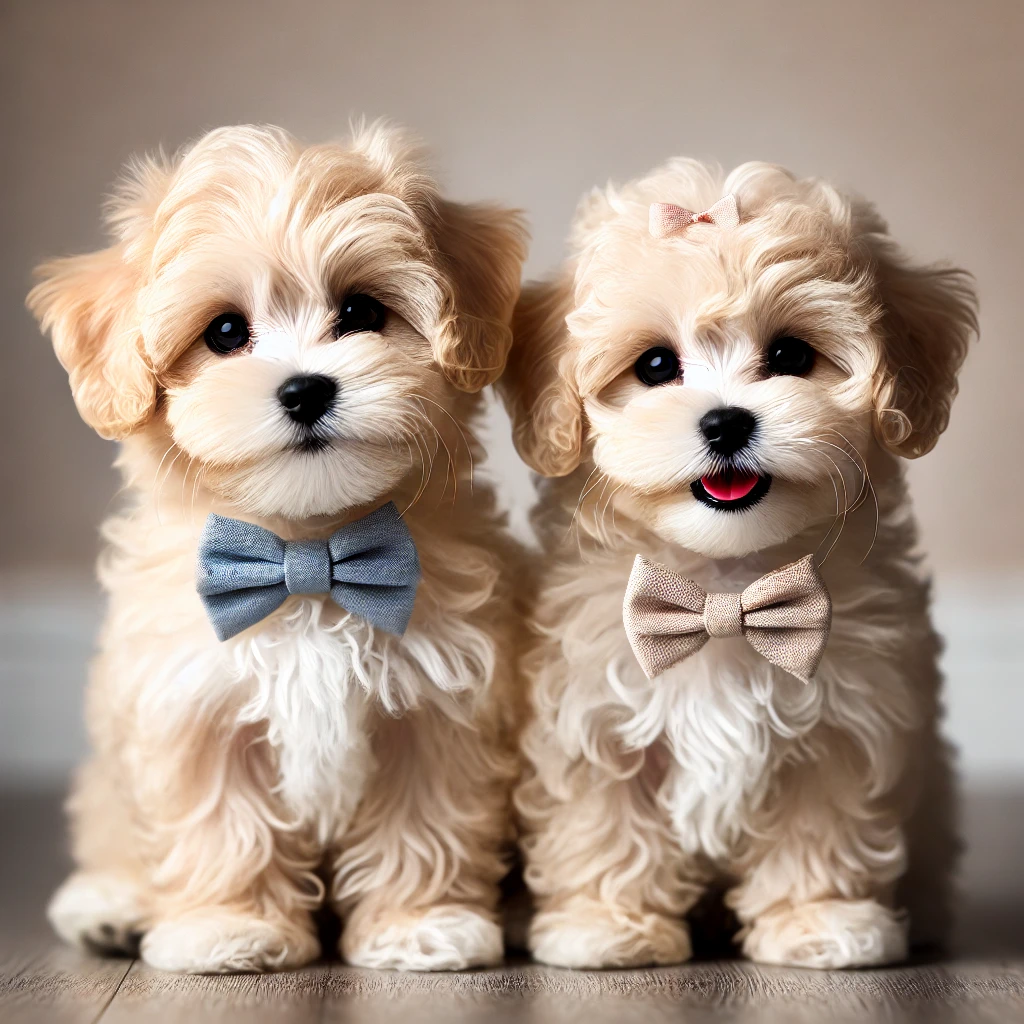 Two very small, adorable Maltipoo puppies, one male and one female, sitting side by side in front of the camera. The puppies are fluffy