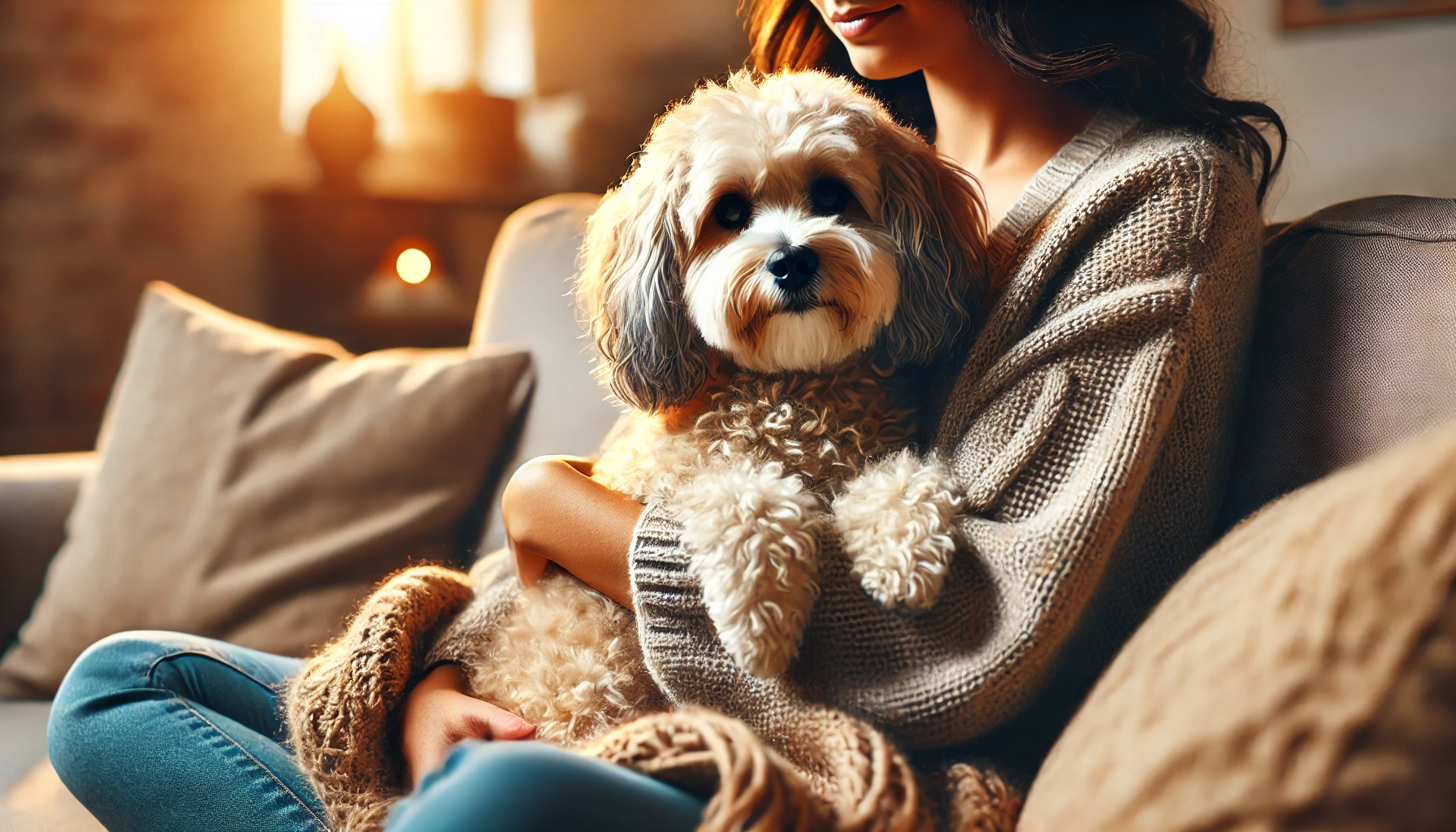 image of an older-looking Maltipoo being cuddled by a person on a cozy couch. The dog appears mature with some signs of aging