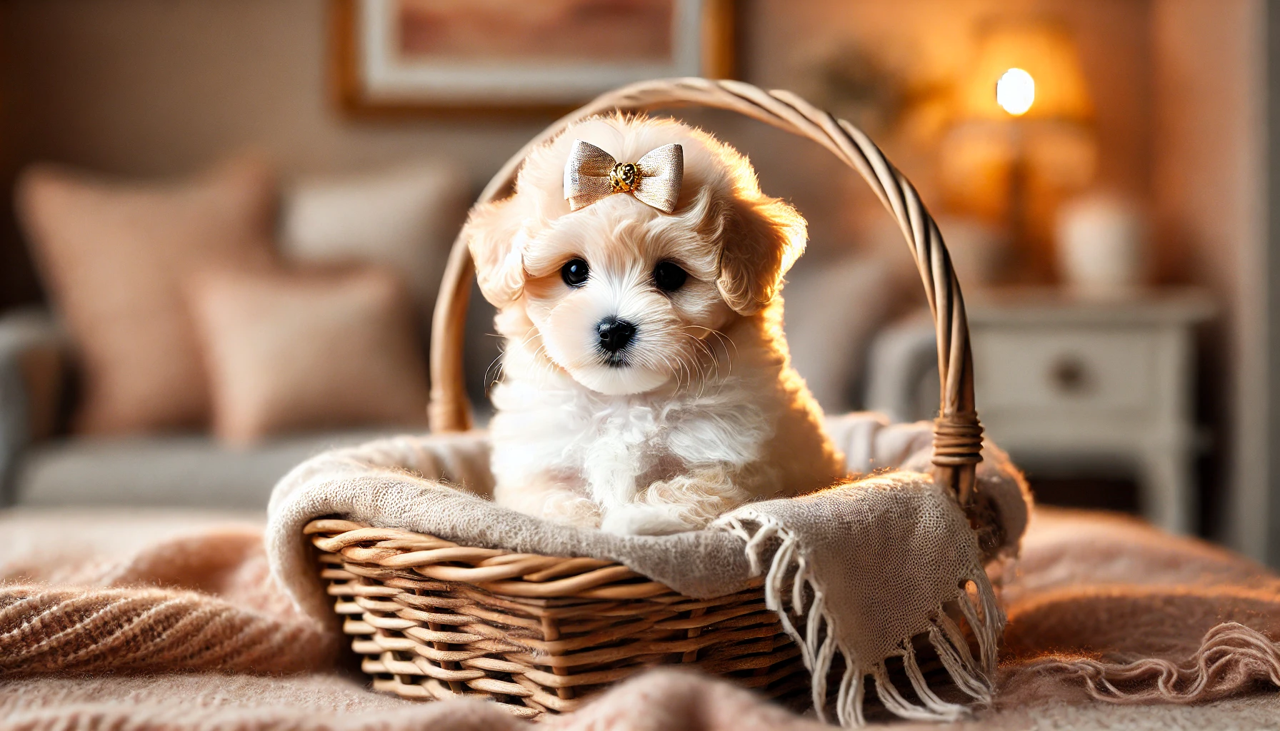  image of a 4-week-old Mini Maltipoo puppy sitting in a cozy basket