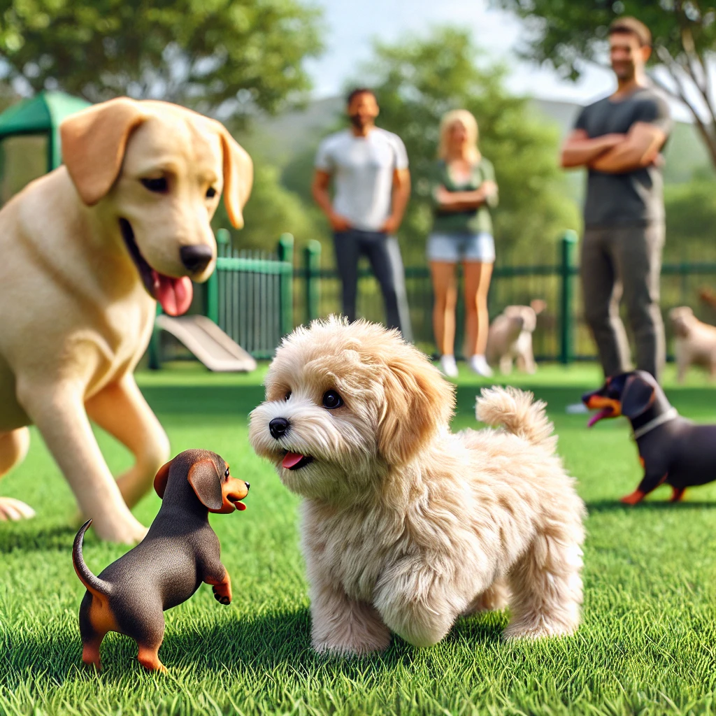 image of a Maltipoo socializing at a dog park with two other dogs. The Maltipoo is small and adorable