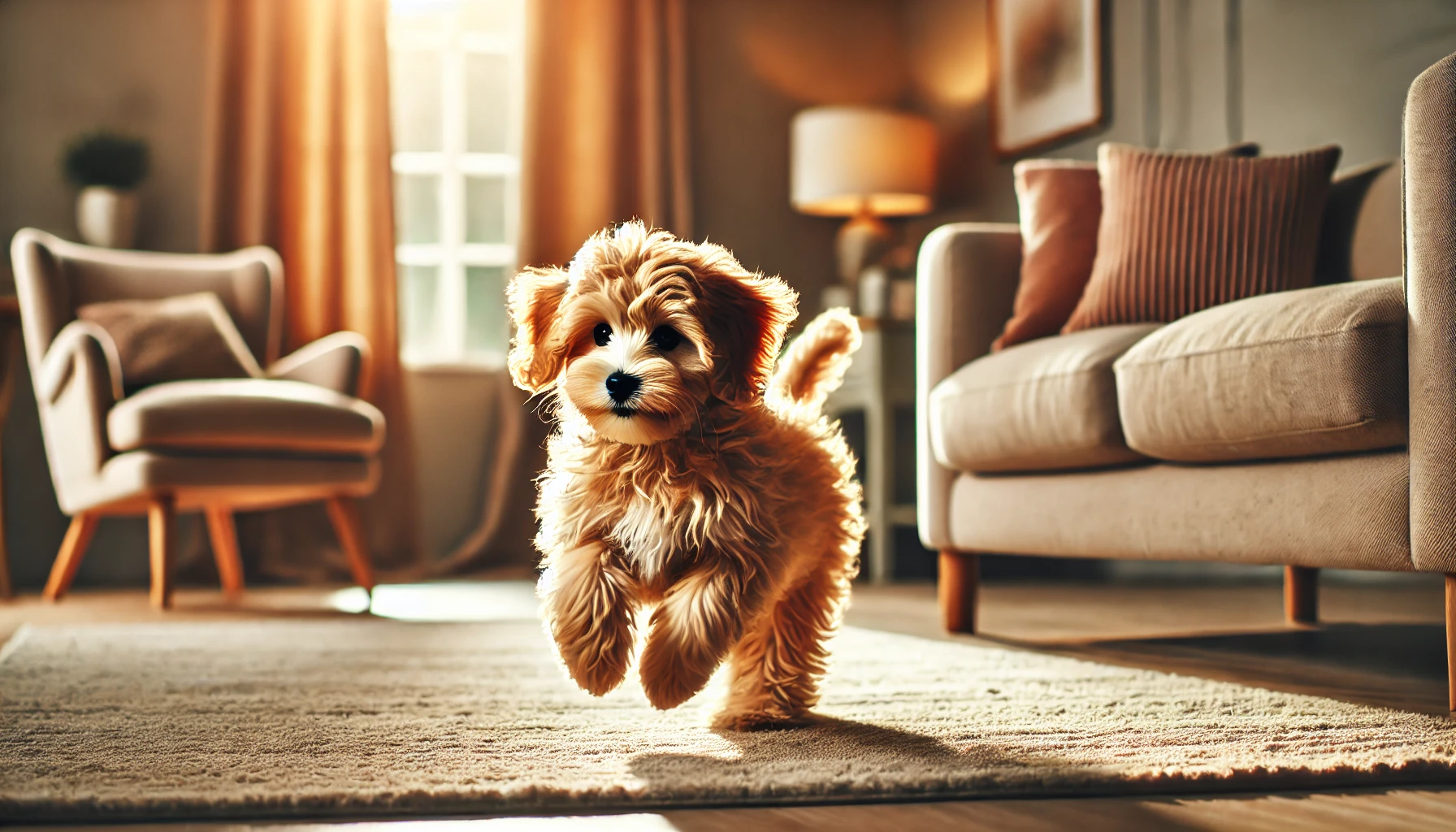 image of a tan Maltipoo playing happily around a cozy home. The dog has a wavy tan coat and is running or playing energetically