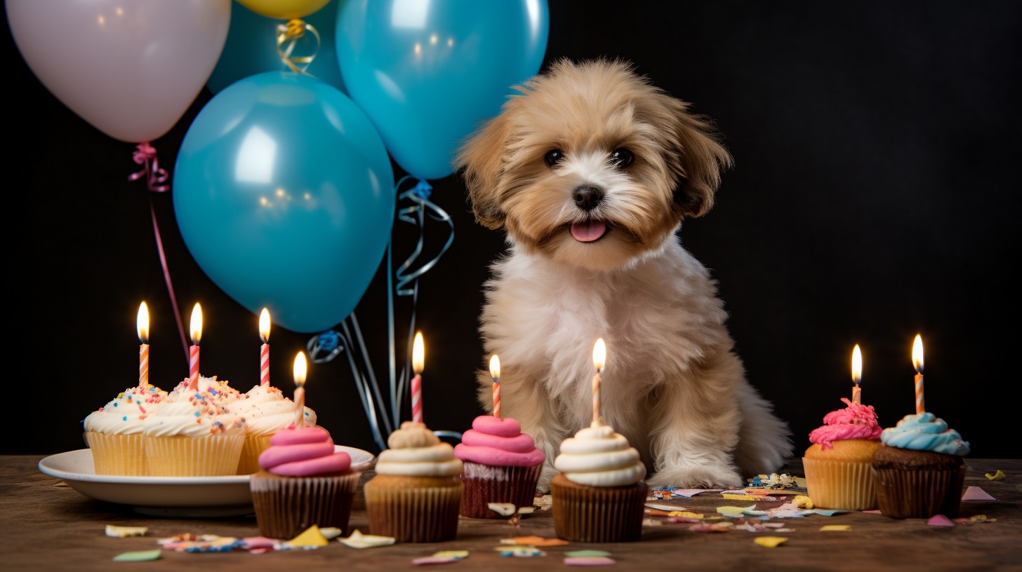 dog sitting beside some cupcakes with colorful balloons in the background